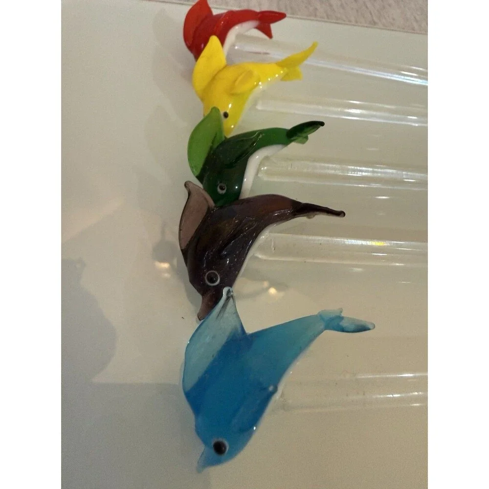 5 Murano Style Hand Blown Glass Dolphin Cocktail Stirrer Swizzle Stick Vintage